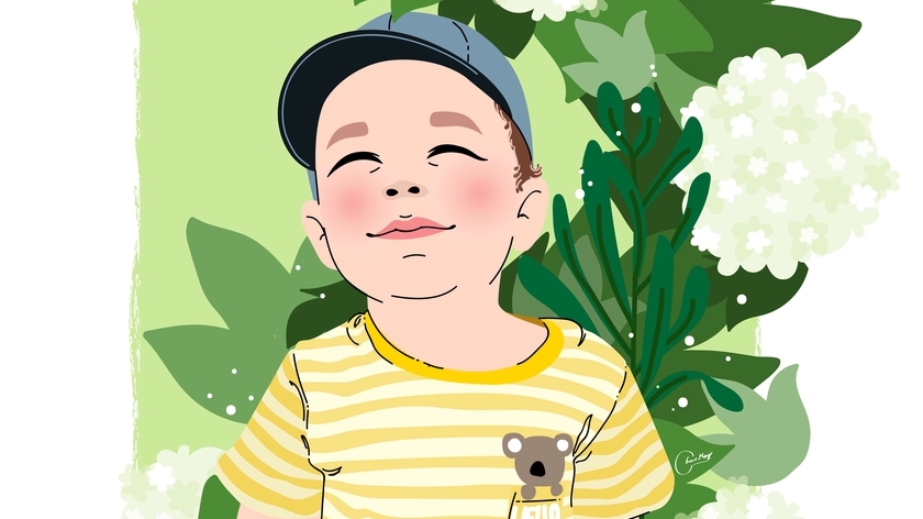 รับวาดภาพเหมือน การ์ตูน น่ารัก สีน้ำ เด็กผู้ชาย ใส่หมวก