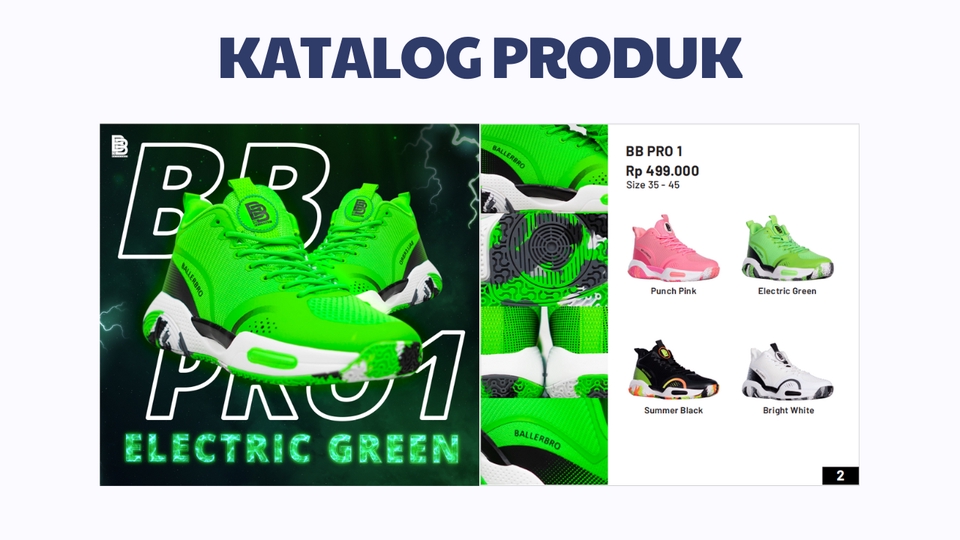 Katalog produk sepatu olahraga BB Pro 1 dengan desain unik dan warna elektrik green.
