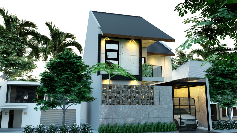Jasa desain exterior 3d rumah minimalis modern dengan taman dan pagar.