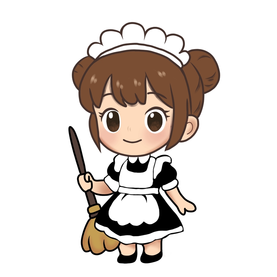 Ilustrasi kartun lucu seorang pelayan wanita dengan sapu, cocok untuk jasa ilustrasi kartun dan karakter lucu.