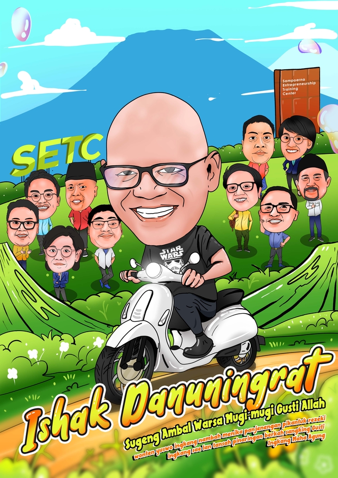 Jasa karikatur desain vektor wajah, gambar ilustrasi karikatur Ishak dan teman - teman