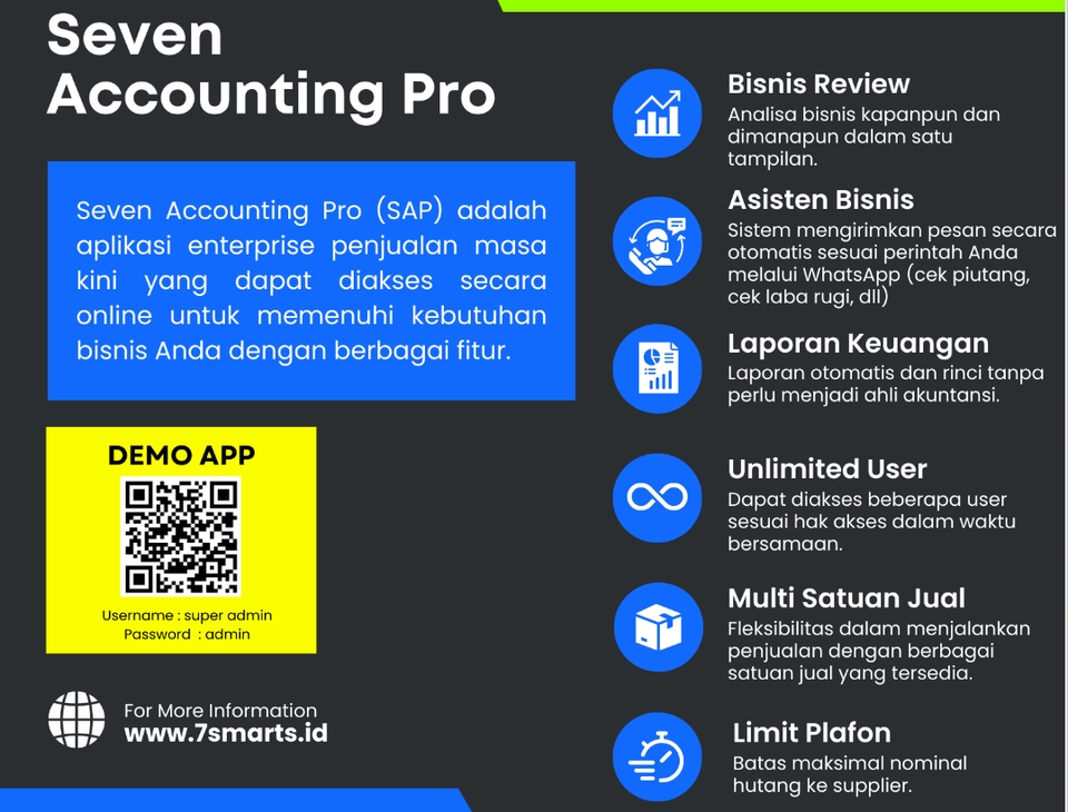 Jasa Akuntansi Pro - Software Akuntansi untuk bisnis Anda dengan berbagai fitur: Bisnis Review, Asisten Bisnis, Laporan Keuangan, Unlimited User, Multi Satuan Jual, Limit Plafon.