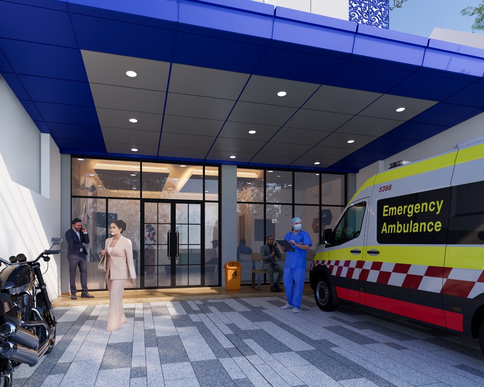 Jasa pembuatan video animasi 3d untuk rumah sakit dengan desain modern dan ambulance.