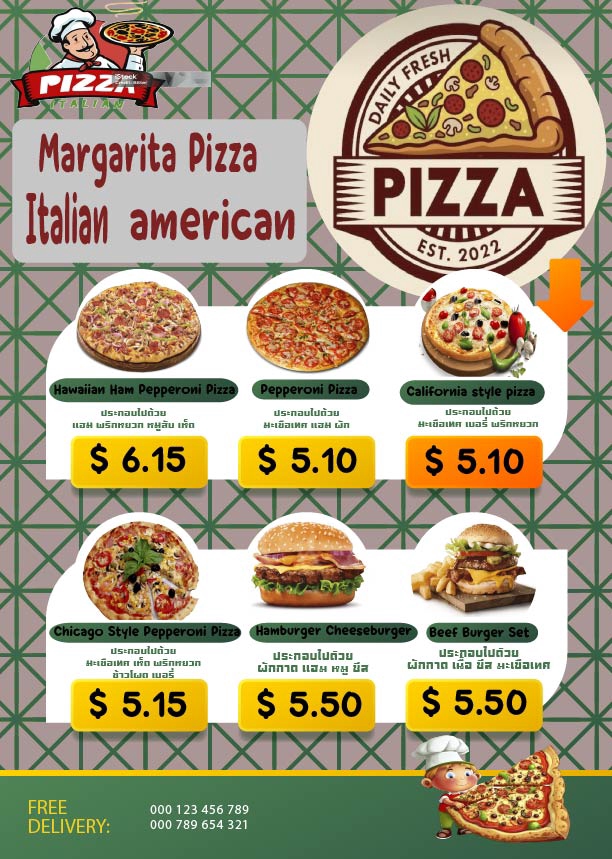 ออกแบบเมนูอาหาร ราคาพิเศษ อาหารอิตาเลียน พิซซ่า เบอร์เกอร์