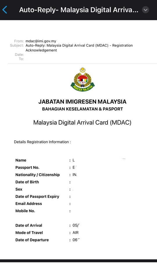 Contoh Itinerary perjalanan wisata Malaysia Digital Arrival Card (MDAC)