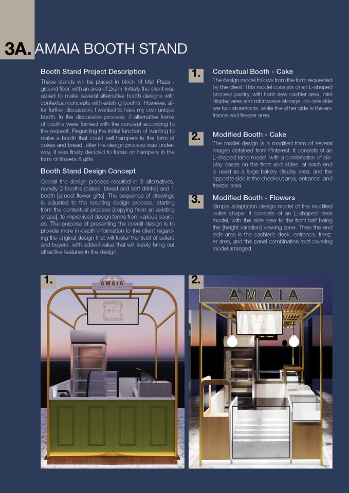 Desain booth stand minimalis dengan desain rak dan lemari untuk menjual kue dan minuman.