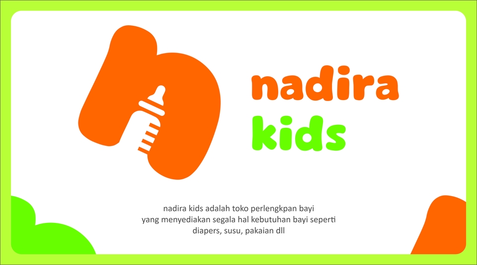 Jasa desain logo online untuk usaha bayi "Nadira Kids", dengan warna kuning, hijau, dan orange, menampilkan logo huruf "N" dengan gambar botol susu