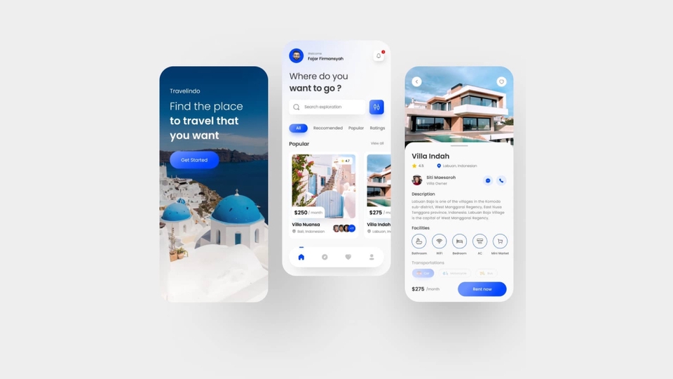 Desain UI UX untuk aplikasi mobile, menampilkan mockup layar untuk menemukan tempat wisata dengan fitur pencarian dan informasi detail.