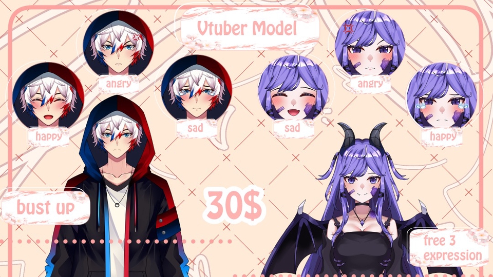 Jasa desain karakter vtuber, desain karakter anime, desain karakter game, jasa pembuatan karakter, jasa buat karakter vtuber, model vtuber, desain karakter chibi, desain karakter lucu, desain karakter imut, desain karakter custom, karakter desain, harga desain karakter, desain karakter murah, 30 dollar.