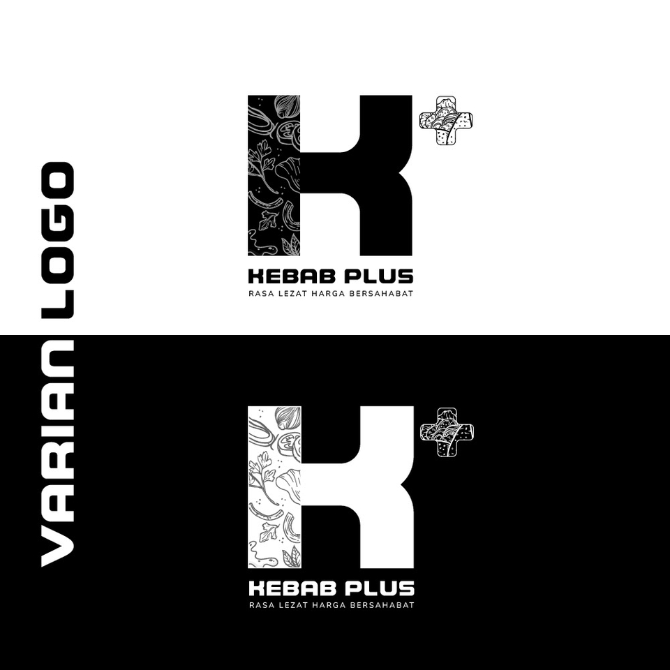 Jasa desain logo makanan "Kebab Plus" dengan desain minimalis dan logo plus berwarna hitam putih