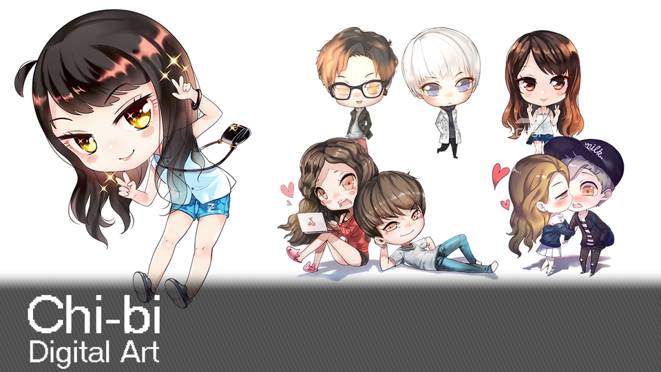 รับวาดรูปการ์ตูน chibi digital painting สไตล์น่ารัก