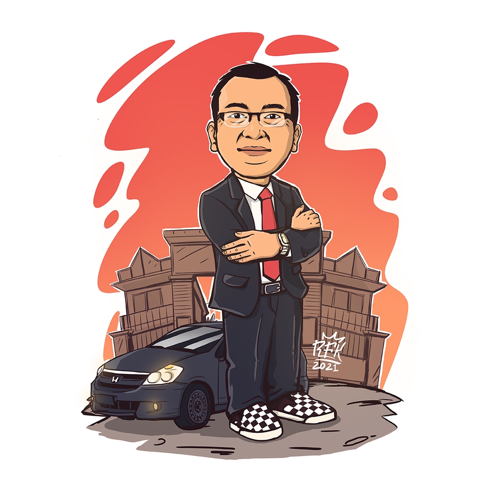 Ilustrasi kartun pria berbaju jas dengan latar belakang bangunan dan mobil