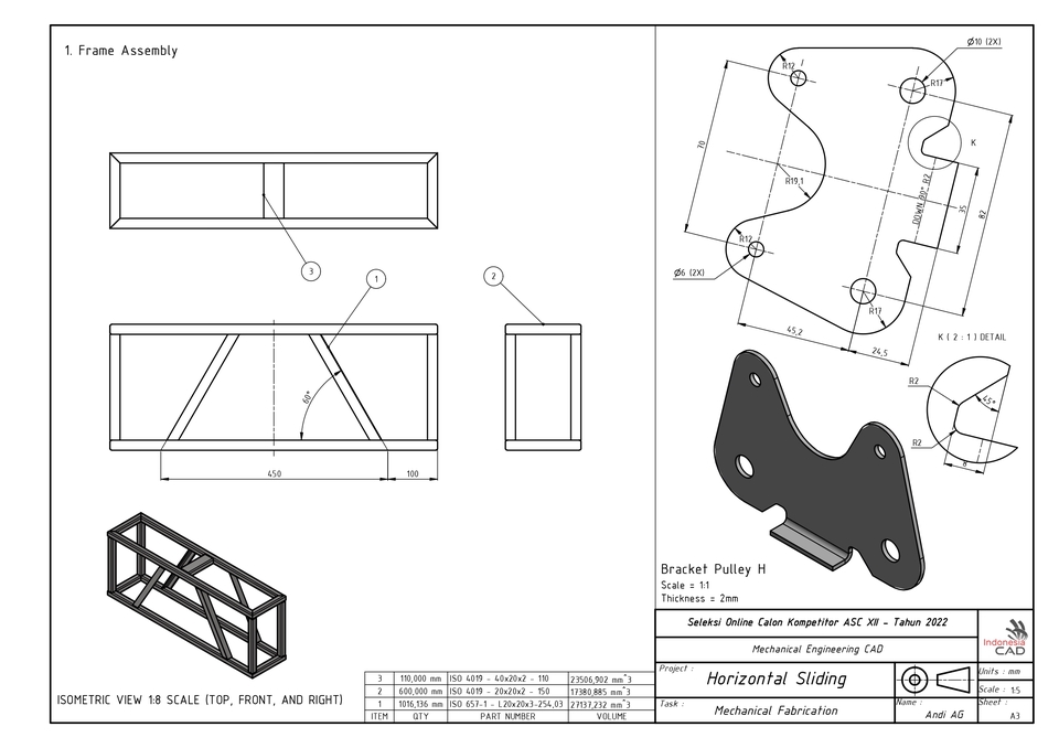 Jasa desain 3d untuk model pulley bracket dengan detail ukuran dan spesifikasi.
