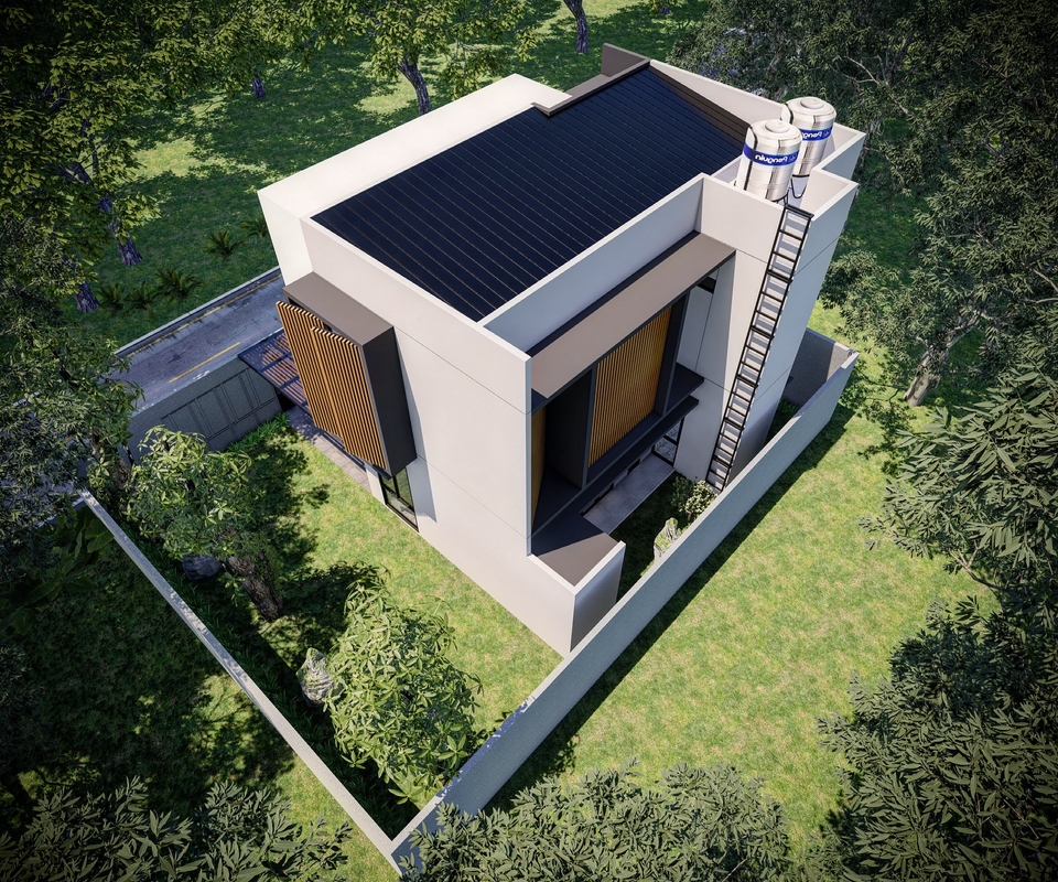 Desain exterior 3D rumah minimalis modern dengan taman hijau, jasa arsitek desain rumah minimalis modern di Indonesia.