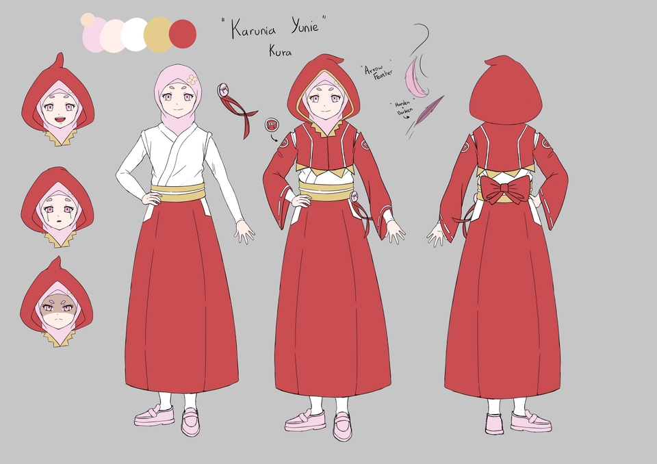 Desain karakter kartun wanita dengan baju merah dan hijab putih. Desain karakter dengan gaya anime Jepang. Jasa desain karakter, jasa buat vtuber, karakter vtuber.