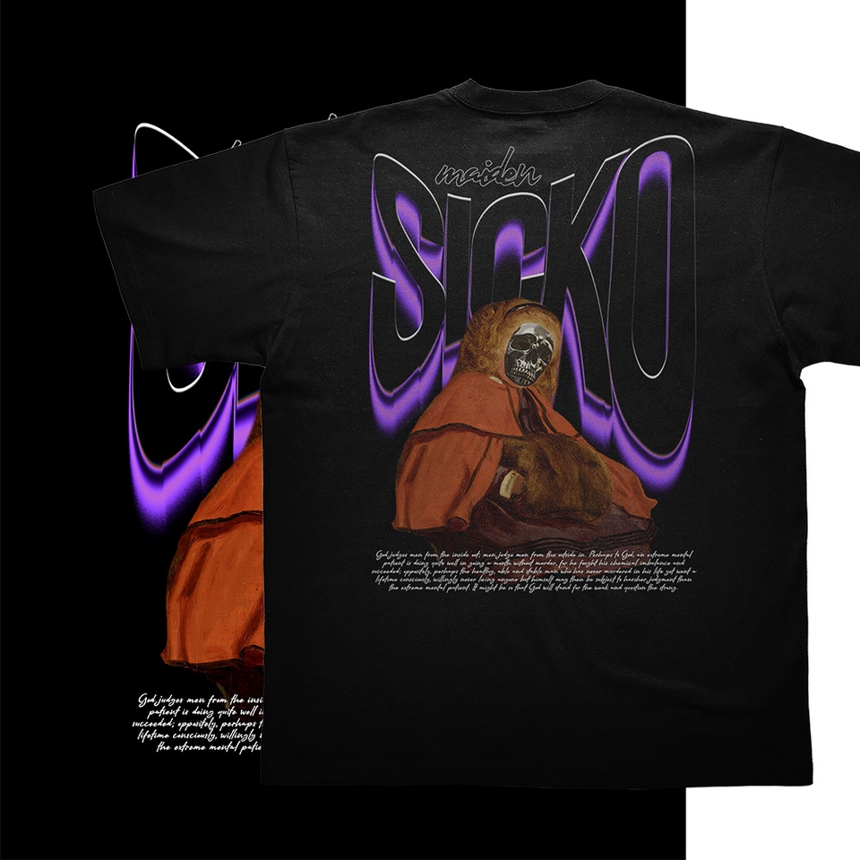 Desain kaos distro dengan tema streetwear dengan tulisan "Maiden Sicko" dan gambar hooded figure