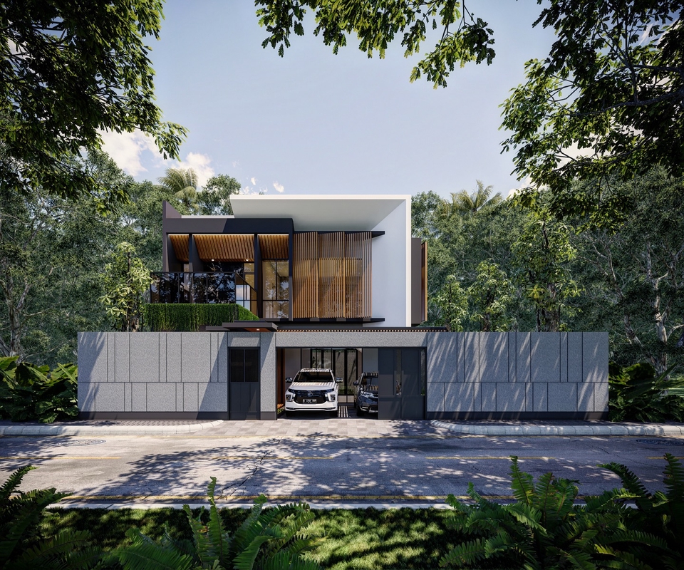 Jasa desain eksterior 3d rumah minimalis modern dengan taman hijau.