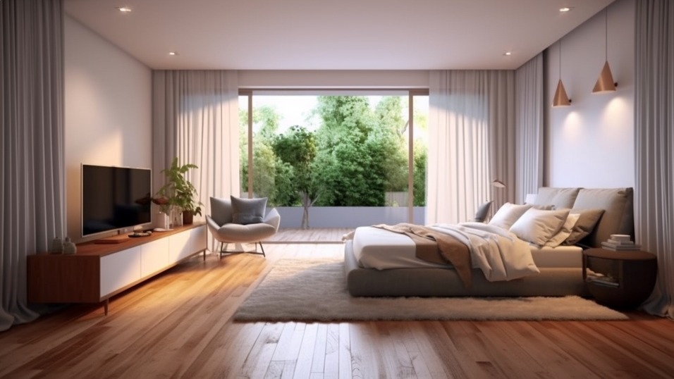 Jasa desain interior minimalis untuk ruang tamu dengan jendela besar dan pemandangan taman hijau, desain interior ruang tamu, jasa desain interior, desain interior minimalis, jasa desain rumah, desain rumah minimalis.