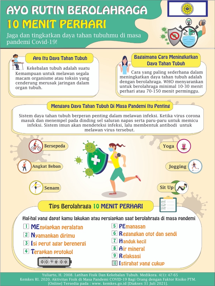 Infografis tentang cara meningkatkan daya tahan tubuh di masa pandemi dengan berolahraga 10 menit perhari. Jasa desain infografis online. Desain infographic murah.