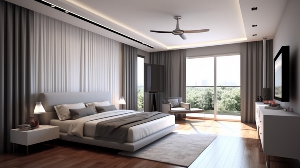 Desain interior kamar tidur minimalis modern dengan jendela besar dan desain interior ruang tamu dengan sofa dan TV