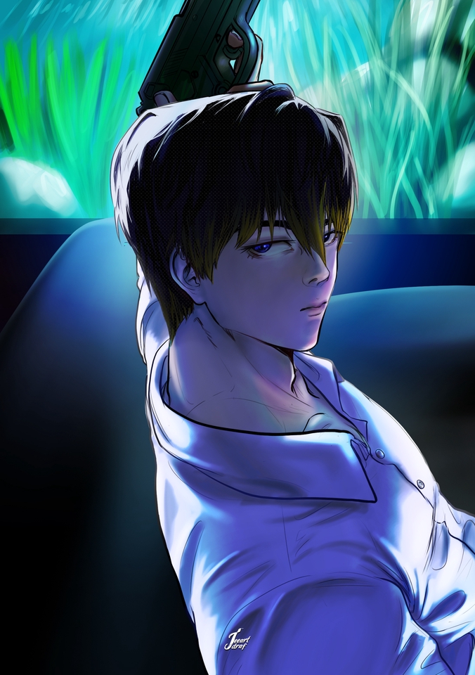 วาดแฟนอาร์ตหนุ่มหล่อปืนในมือ ภาพวาดการ์ตูน fanart