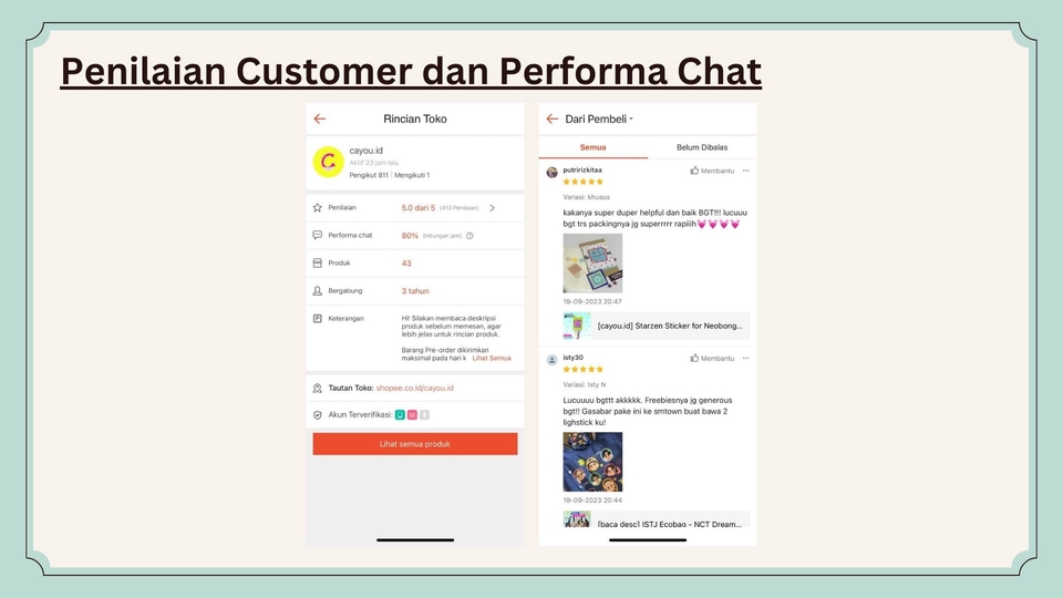 Contoh Penilaian Customer dan Performa Chat untuk Jasa Admin Online Shop, Layanan Freelance Admin Online Shop Profesional.