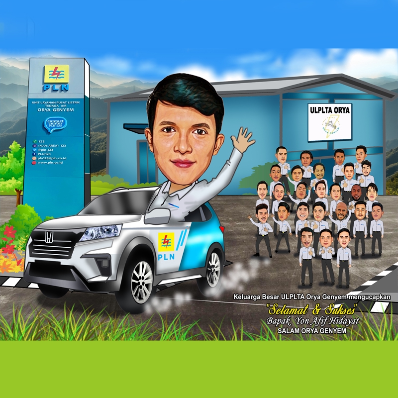 Jasa ilustrasi karakter kartun lucu untuk keluarga besar ULPLTA Orya Genyem, gambar ilustrasi mobil, orang dewasa dan anak anak, menggunakan desain grafis, ilustrasi digital, vector dan cocok untuk keperluan dekorasi.