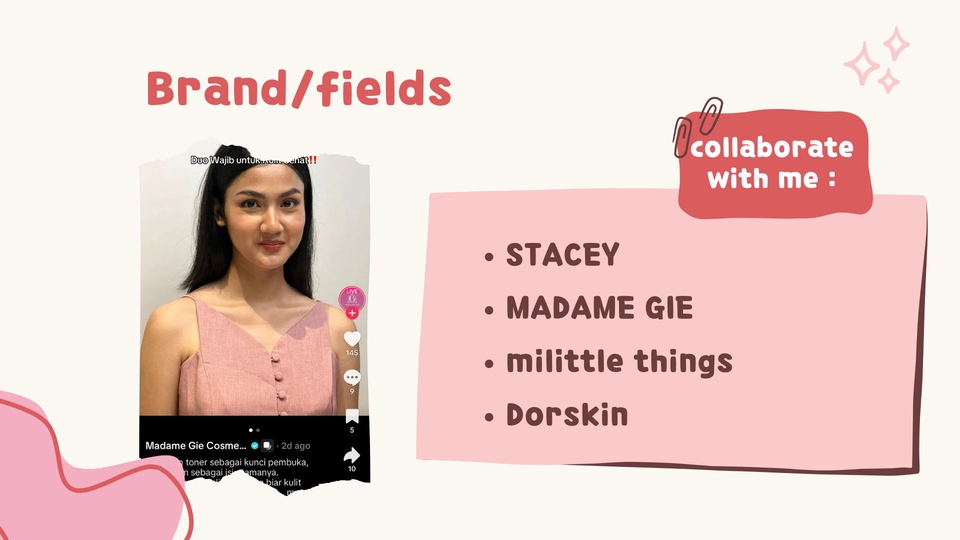 Jasa KOL management untuk membantu brand berkolaborasi dengan influencer ternama seperti Stacey, Madame Gie, Milittle Things, dan Dorskin.