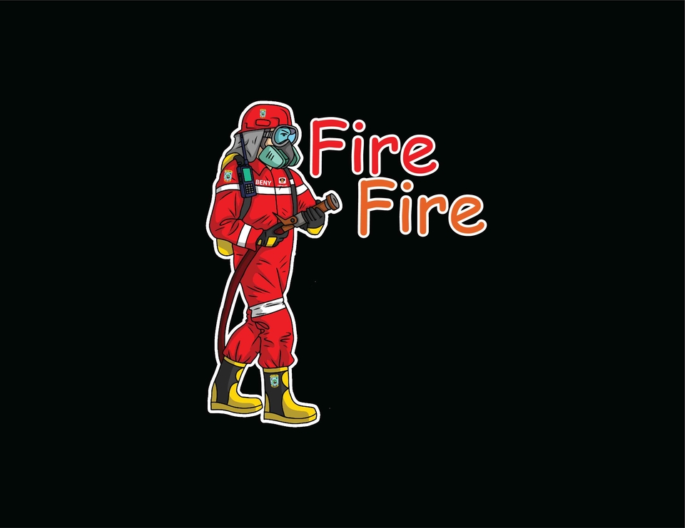 Jasa desain karakter kartun lucu, fire fighter dengan baju dan helm merah, desain karakter untuk logo dan branding.