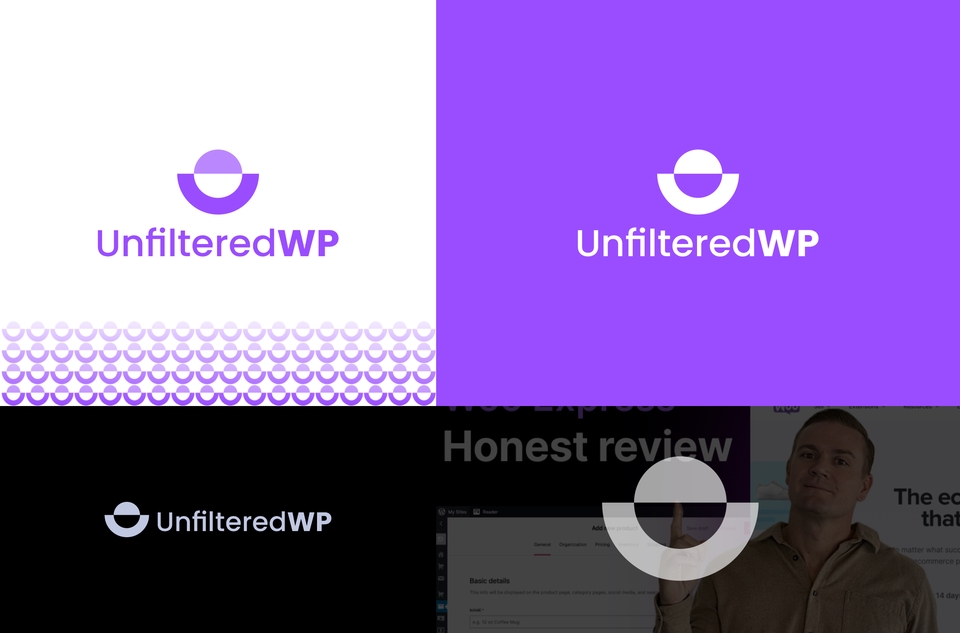 Desain logo untuk platform freelancer UnfilteredWP dengan warna ungu dan putih