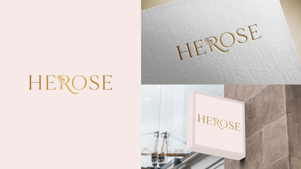 Desain logo Herose dengan font gold dan latar belakang putih, logo perusahaan untuk branding bisnis.