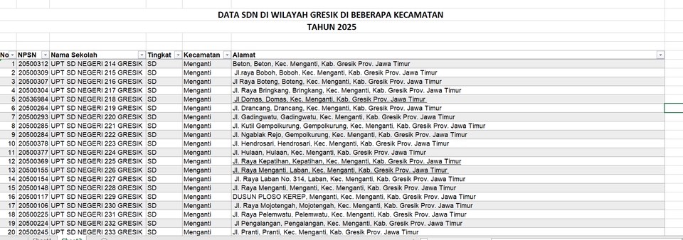 Jasa input data online untuk daftar data sekolah dasar di wilayah Gresik di beberapa kecamatan Tahun 2025.