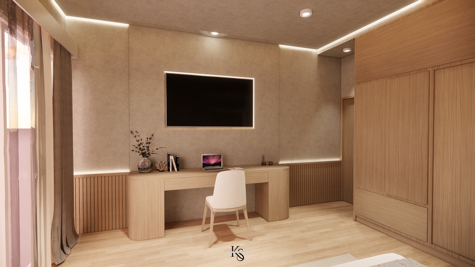 Desain ruang tamu minimalis dengan desain lemari TV dan meja kerja