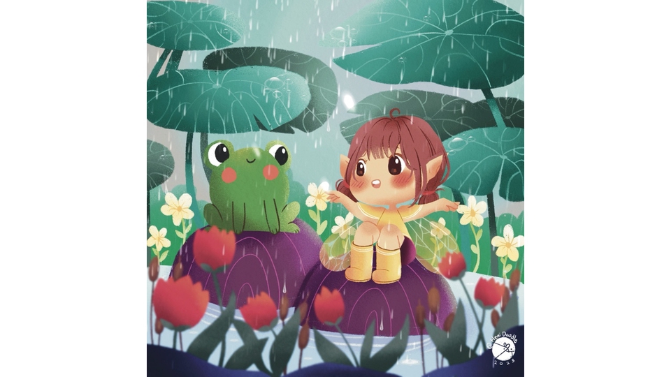 Ilustrasi kartun lucu seorang peri dan kodok di tengah hujan