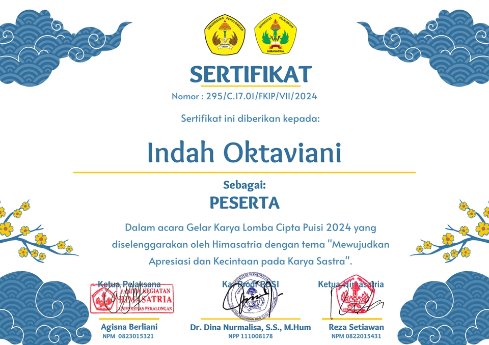 Sertifikat penghargaan untuk penulis puisi Indah Oktaviani dalam lomba cipta puisi Himasatra 2024.