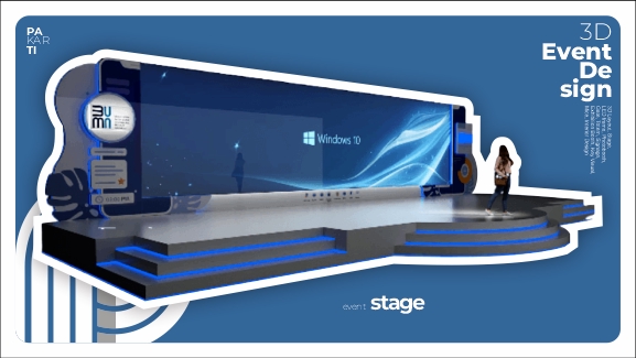 Desain panggung event 3d minimalis dengan tema Windows 10 untuk pameran.