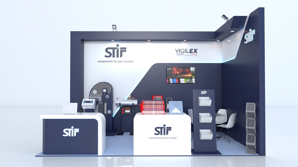 Desain stand pameran minimalis dengan konsep modern untuk perusahaan STIF dan VIGILEX.