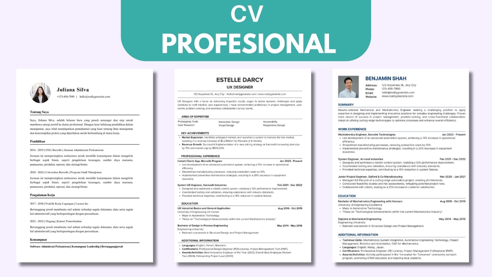 Jasa Pembuatan CV Profesional Desain Menarik - Julliana, Estelle, Benjamin - Desain CV Unik CV Bahasa Inggris