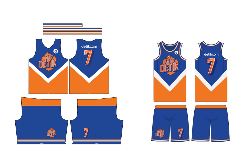 Desain jersey basket custom dengan motif anak detik, warna biru dan orange, tersedia untuk dewasa dan anak-anak.