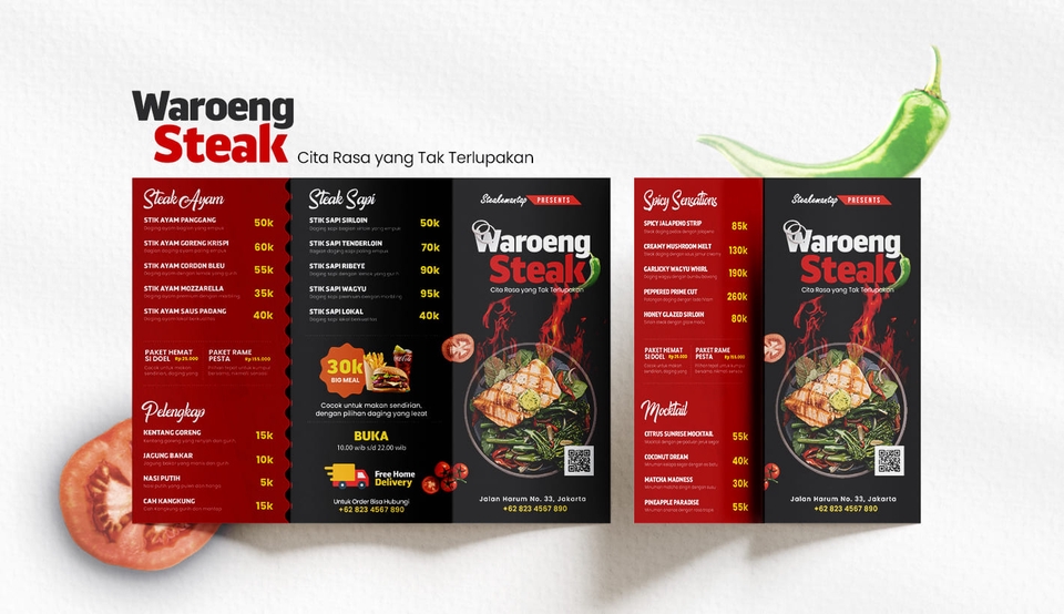 Jasa desain kemasan makanan unik dan menarik dengan logo "Warung Steak" untuk meningkatkan brand awareness.