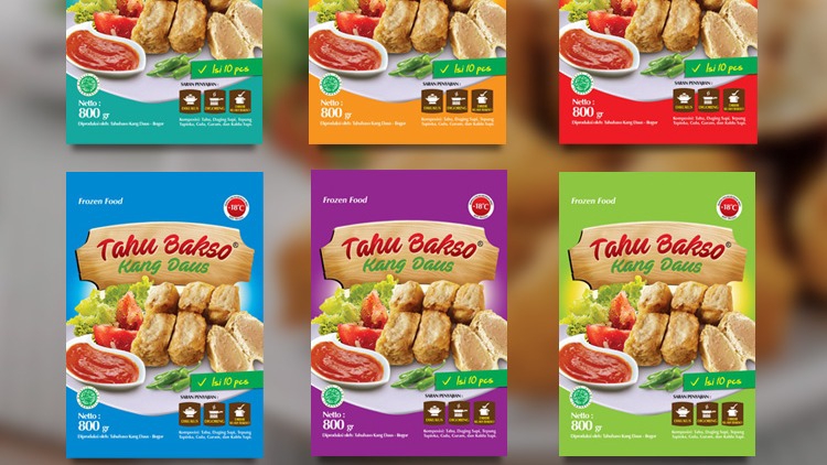 Jasa desain kemasan makanan tahu bakso kang daus dengan desain unik dan menarik.
