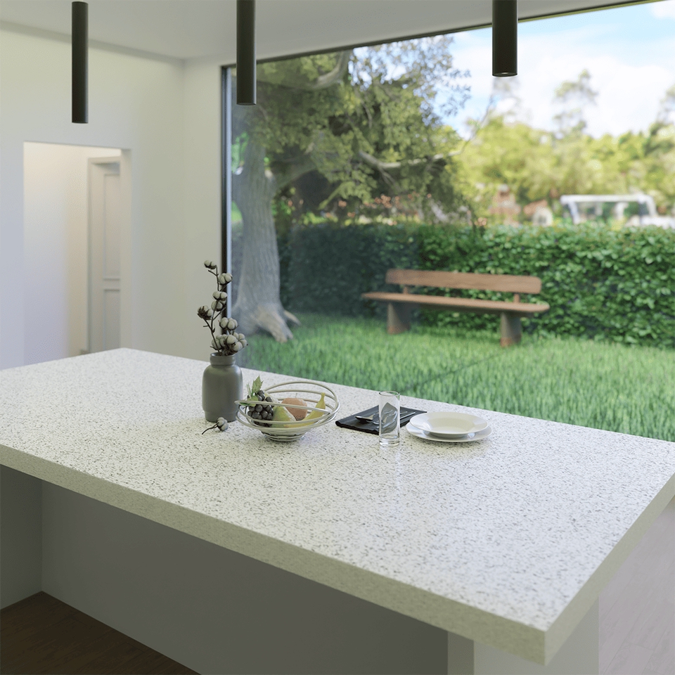 Desain meja makan modern dengan bahan granit putih untuk dapur minimalis, cocok untuk desain rumah minimalis.