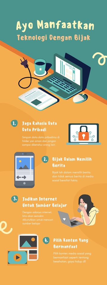Infografis cara memanfaatkan teknologi dengan bijak, tips menggunakan internet untuk belajar dan media sosial dengan bijak, desain infografis, buat infografis, bikin infografis, infografis data.