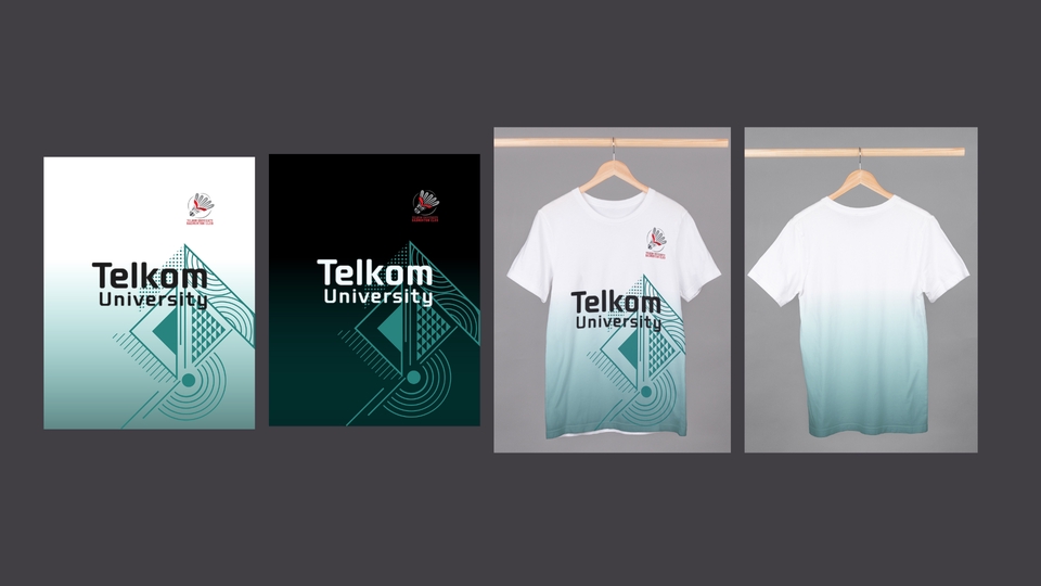 Desain kaos Telkom University dengan motif abstrak dan warna biru toska.