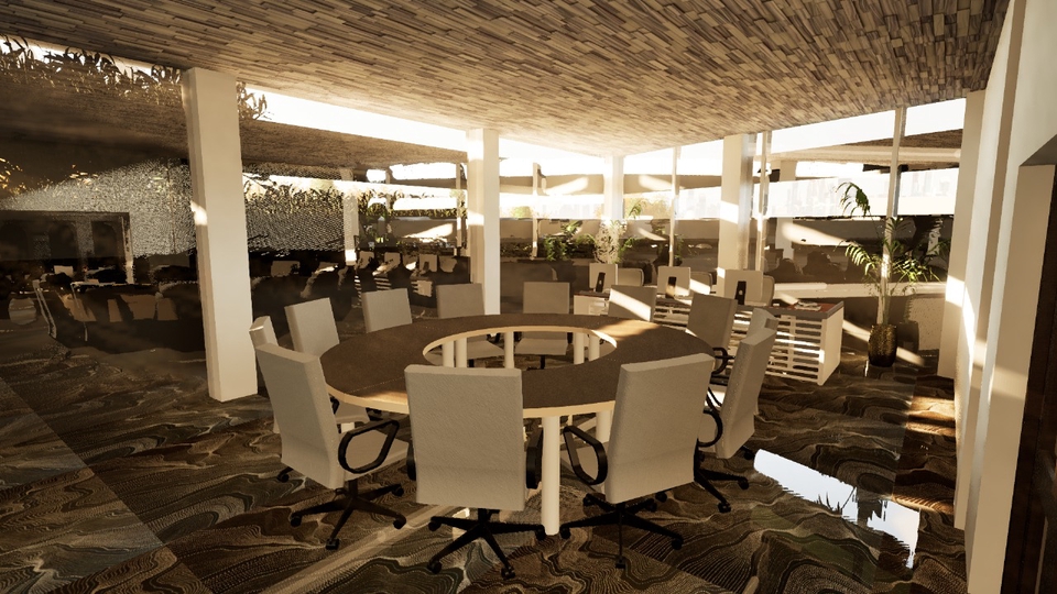 Jasa desain interior kafe modern minimalis dengan meja dan kursi kayu