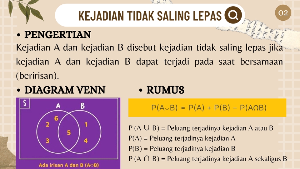 Diagram Venn untuk menggambarkan kejadian yang tidak saling lepas dalam presentasi, menjelaskan rumus perhitungan probabilitas kejadian, termasuk contoh soal.