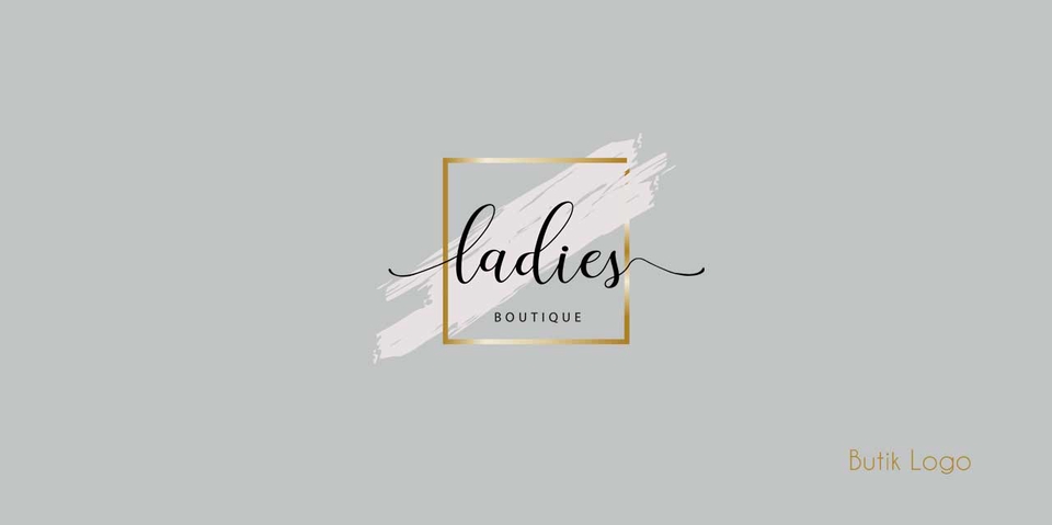 Desain logo butik wanita dengan nama "ladies" dengan warna emas dan latar belakang putih.