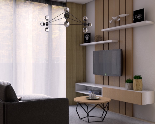 Jasa desain interior ruang tamu minimalis modern dengan sofa abu-abu dan meja kopi hitam.