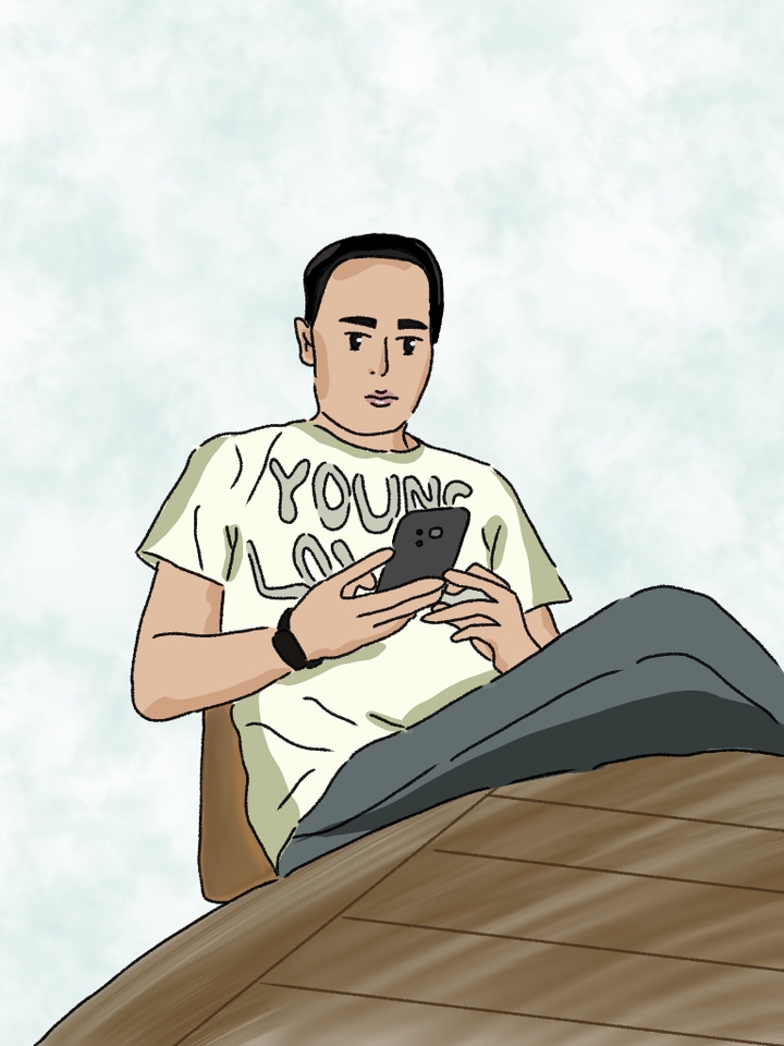 Ilustrasi pria muda sedang melihat ponsel, desain untuk konten media sosial, jasa ilustrasi digital