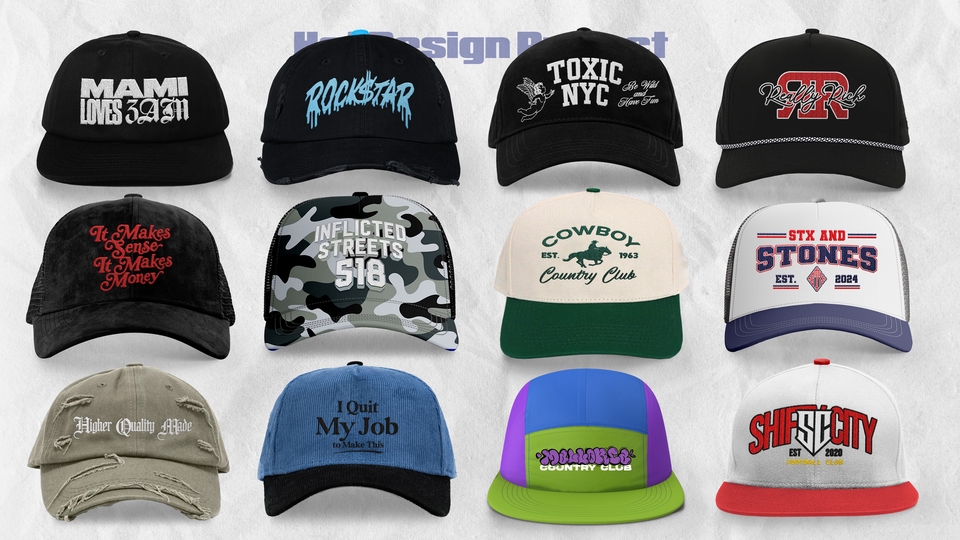 Desain topi polos berbagai model dengan desain dan motif unik, cocok untuk keperluan bisnis dan personal.